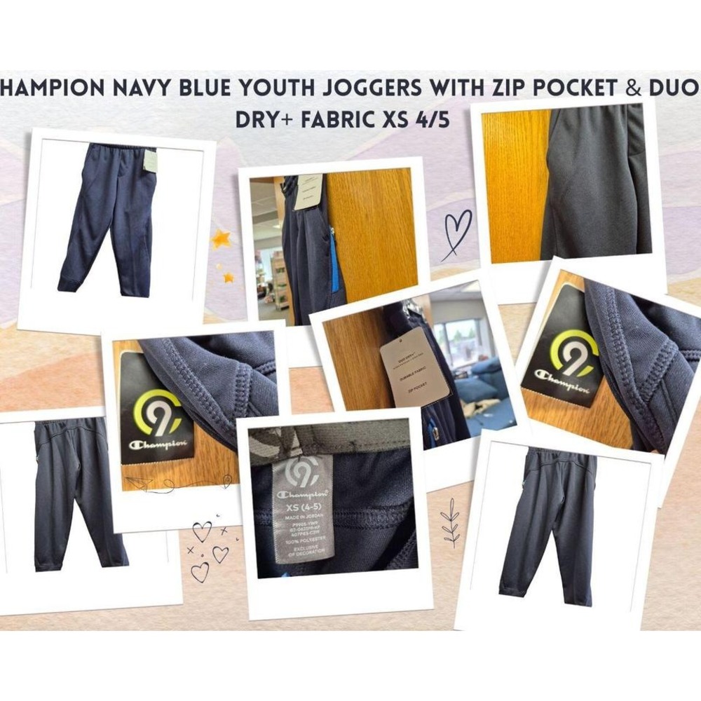 Champion Navy Blue Youth Joggers With Zip Pocket & Duo Dry+ Fabric XS 4/5
